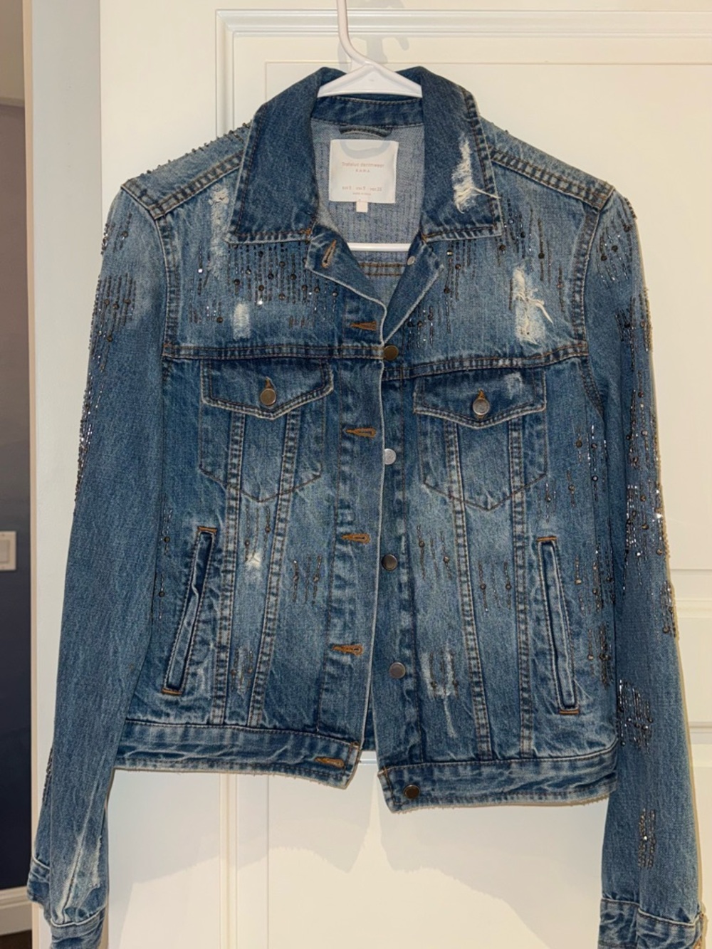 Zara Blue Denim Rhinestone Trucke r Jacket